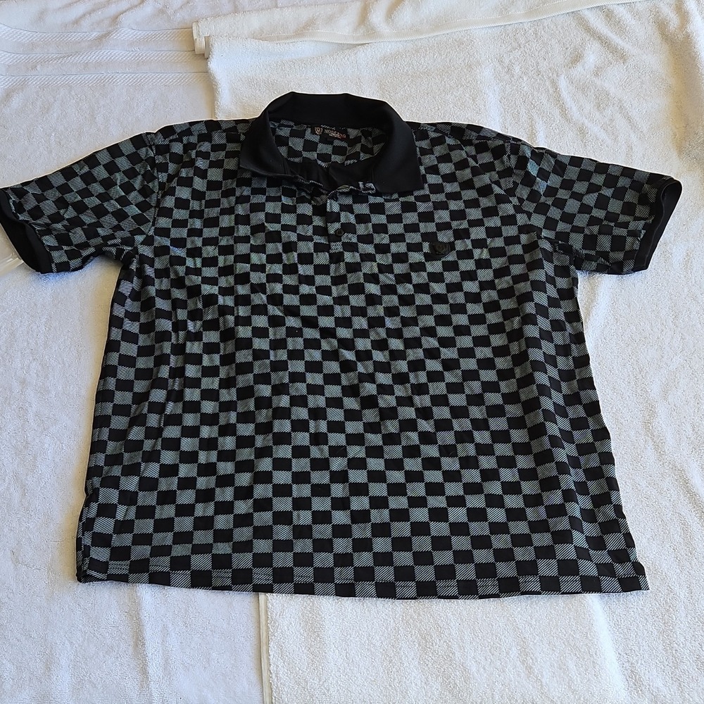 Moderno Check Men's Black Gray Polo Shirt 3XL Short Sleeve Collared Button